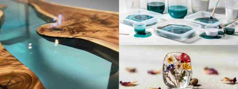 AI ģenerēts informatīvs baneris ar trim epoksīda liešanas sveķu pielietojuma piemēriem